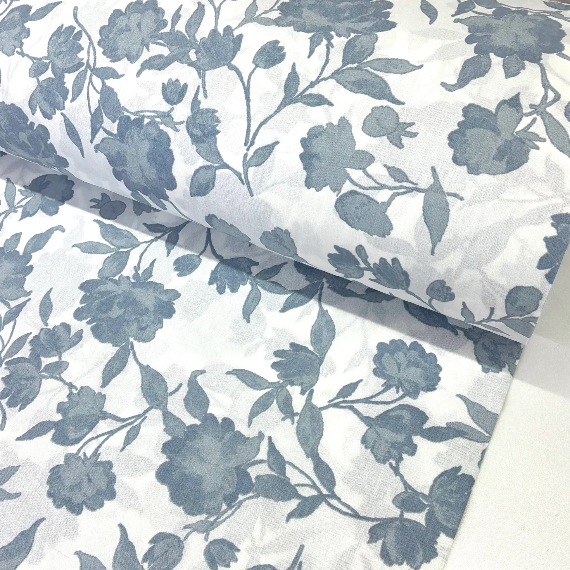 Hazy Indigo Roses Poplin Fabric